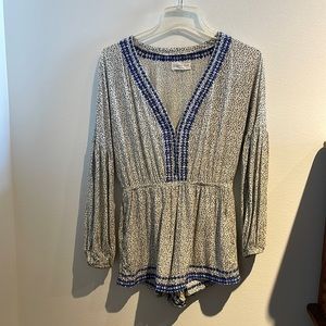 Mustard Seed black and white romper with blue contrast embroidery